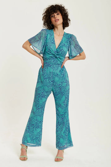 Blue Animal Print Knot Front Jumpsuit Liquorish